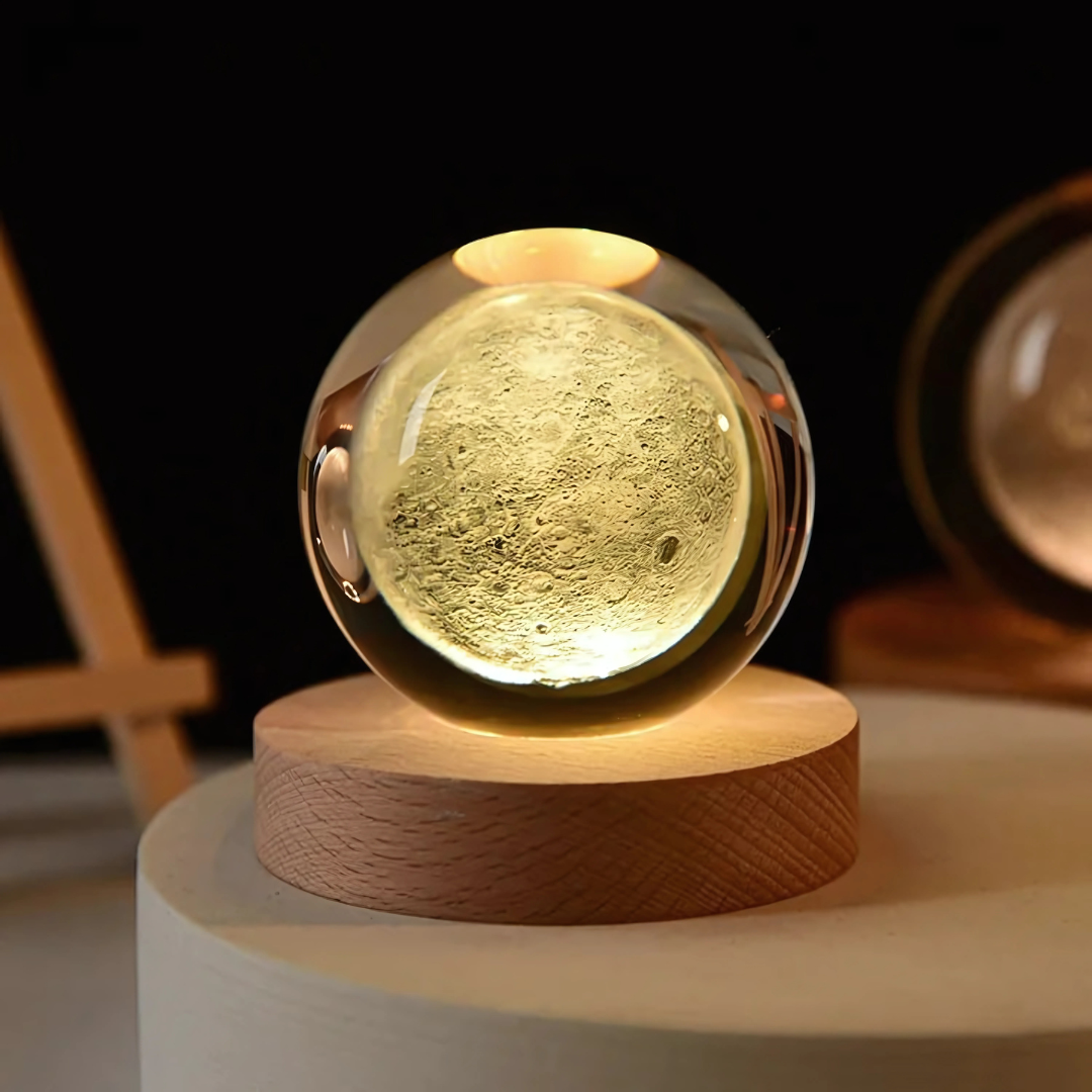 Lámpara 3D Planetas y Luna | Esfera de Cristal Decorativa con Luz LED