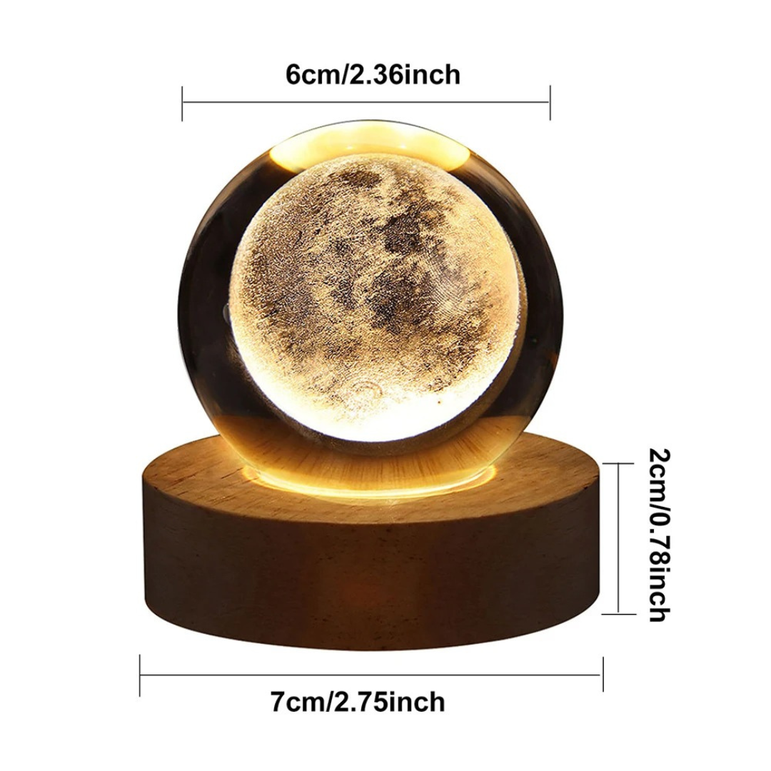 Lámpara 3D Planetas y Luna | Esfera de Cristal Decorativa con Luz LED