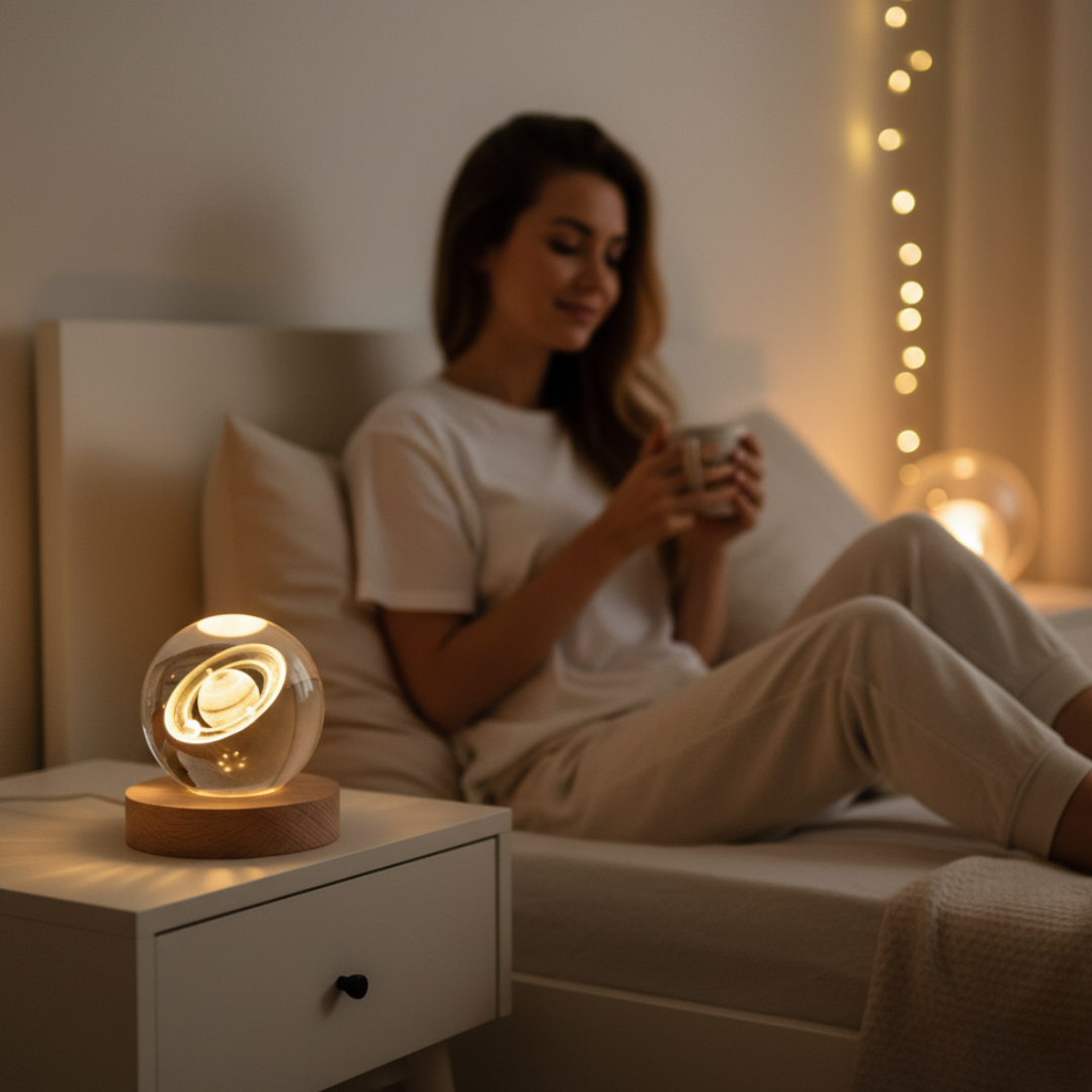Lámpara 3D Planetas y Luna | Esfera de Cristal Decorativa con Luz LED