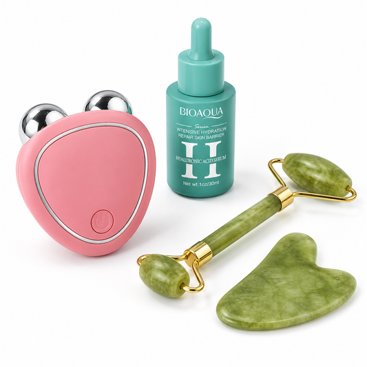 Combo Rutina Facial Completa 4 en 1: Masajeador EMS + Rodillo de Jade + Gua Sha + Sérum de Ácido Hialurónico