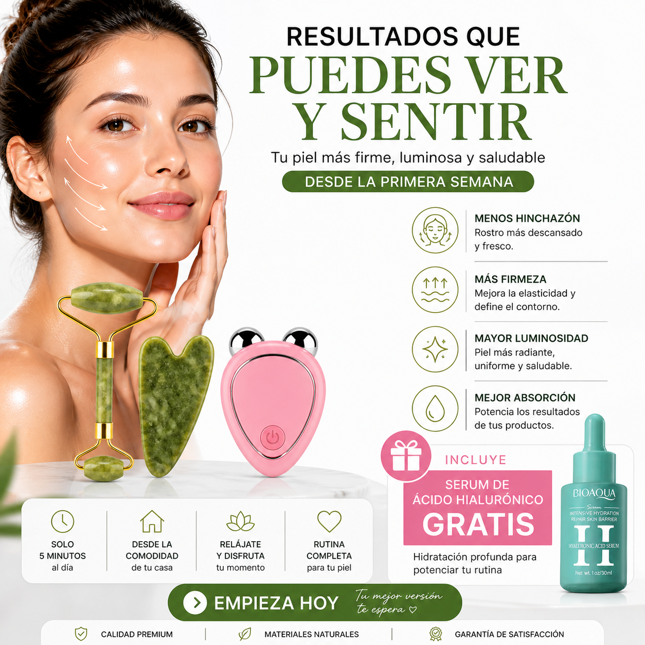 Combo Rutina Facial Completa 4 en 1: Masajeador EMS + Rodillo de Jade + Gua Sha + Sérum de Ácido Hialurónico