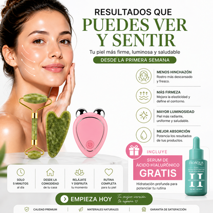 Combo Rutina Facial Completa 4 en 1: Masajeador EMS + Rodillo de Jade + Gua Sha + Sérum de Ácido Hialurónico