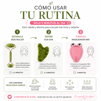 Combo Rutina Facial Completa 4 en 1: Masajeador EMS + Rodillo de Jade + Gua Sha + Sérum de Ácido Hialurónico